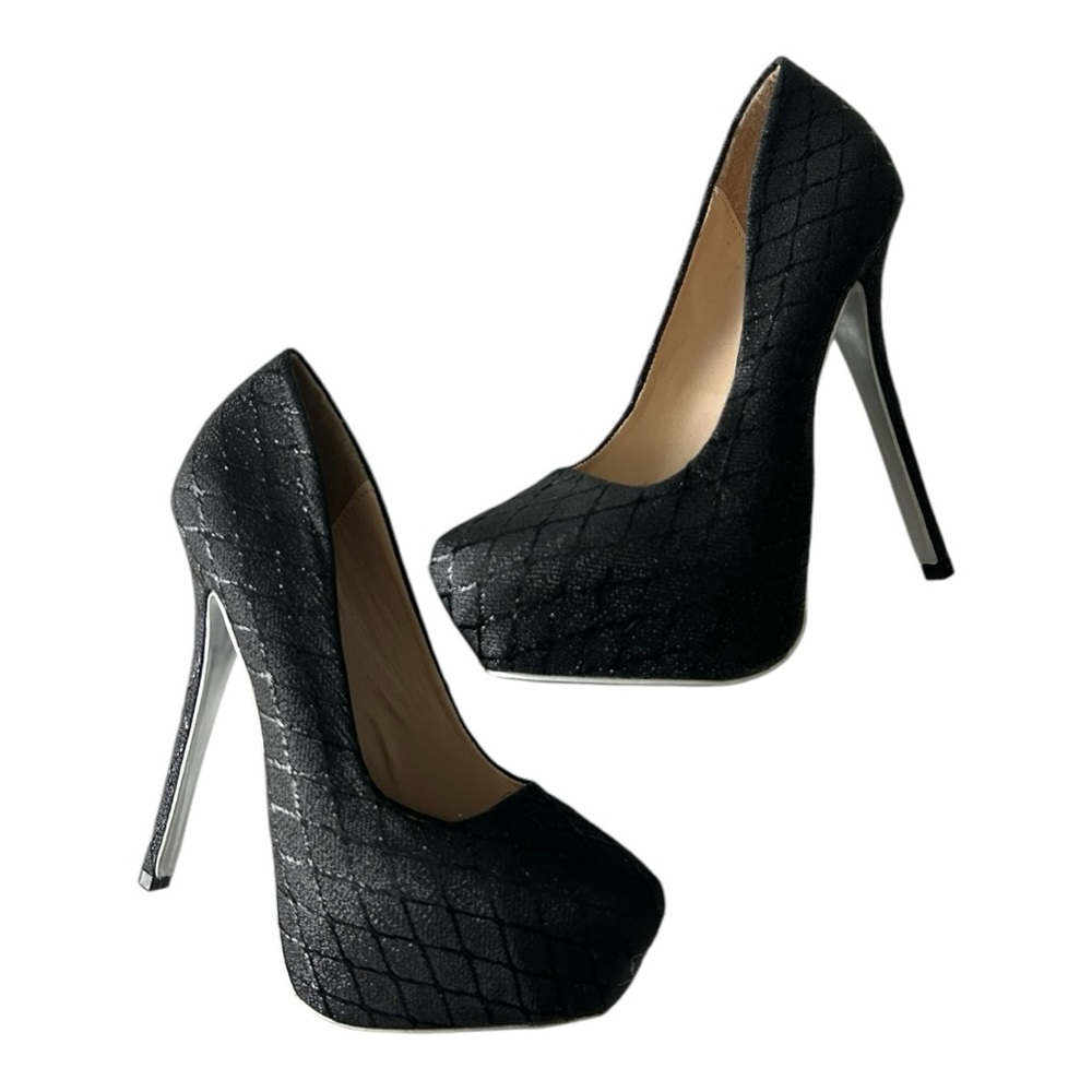 Qupid Glitter Black Pointed Toe Heels Pumps - Size 6.5